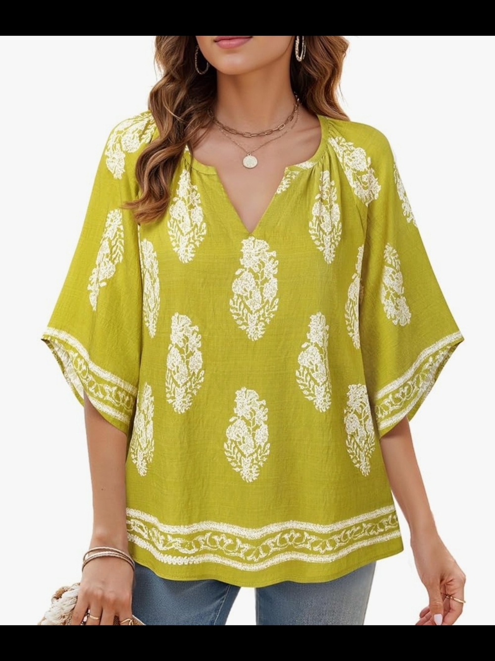 Women's Lime/Olive Green Floral Split V-Neck Boho Blouse